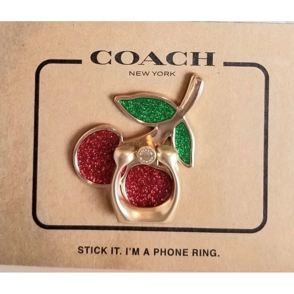 Coach Cherry Phone Ring Grip Gold Red Glitter Enamel F69230 New Coquette